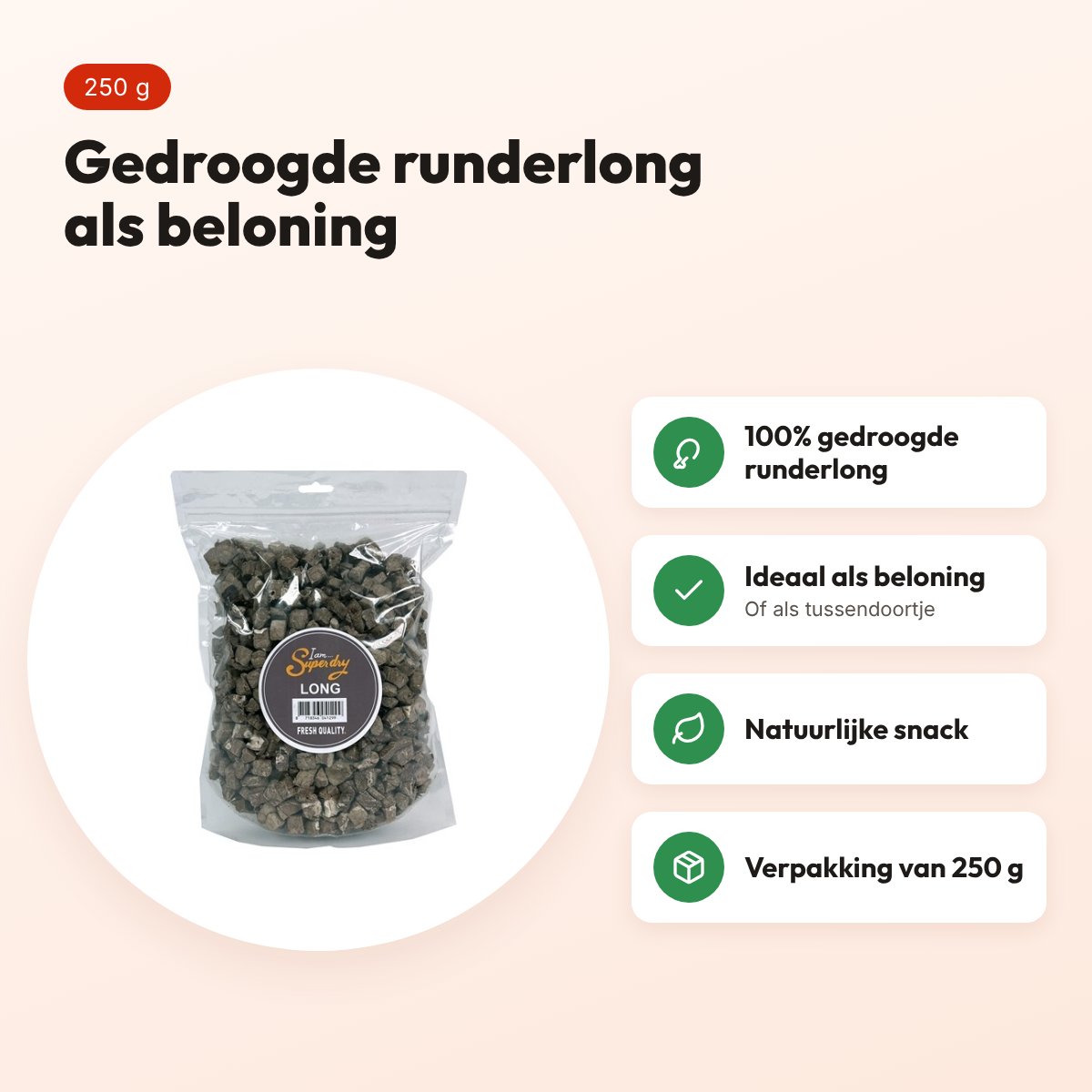 Petsnack runderlong gedroogd 250 g – hondenbeloning – voordelen