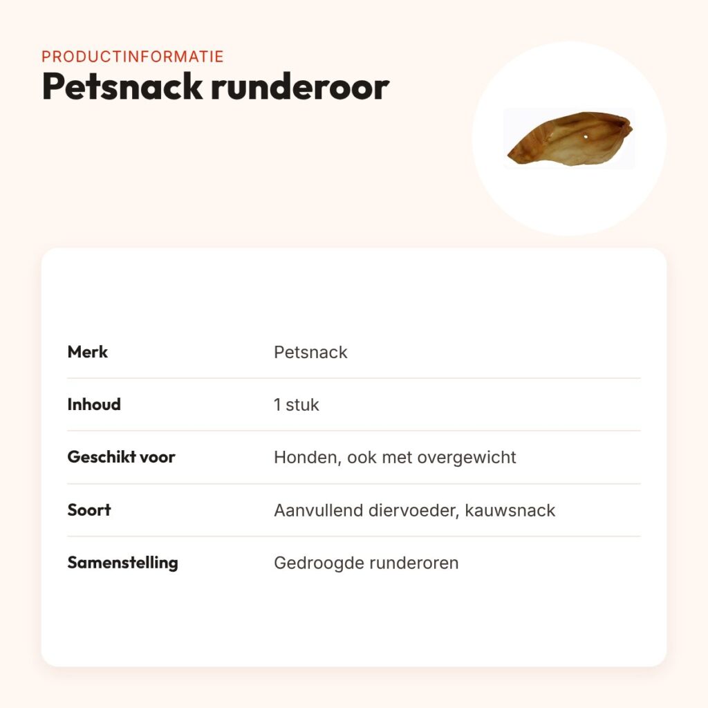 Petsnack runderoor 1 stuk – caloriearm alternatief voor varkensoren – productinformatie