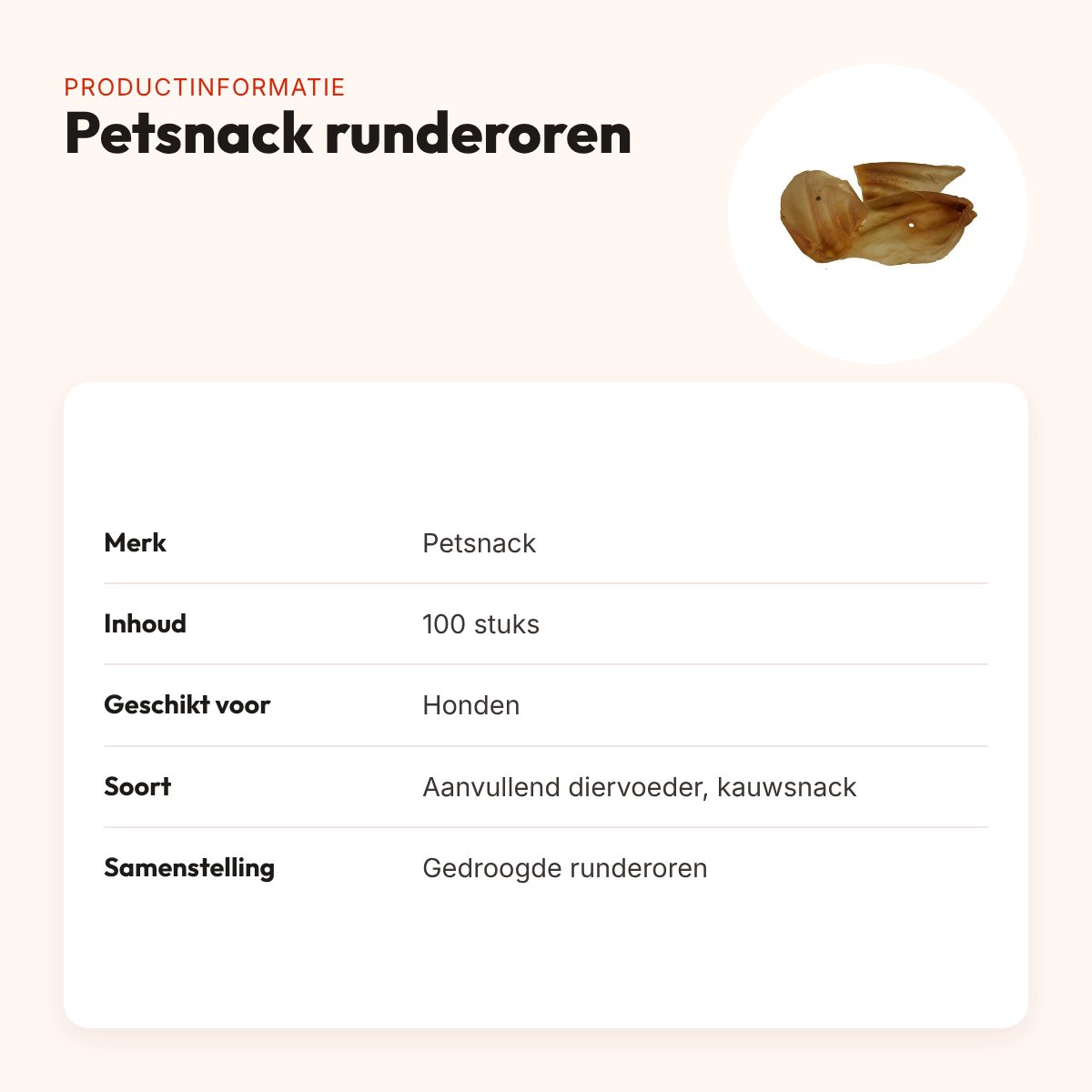Petsnack runderoren 100 stuks – kauwsnack voor honden – productinformatie