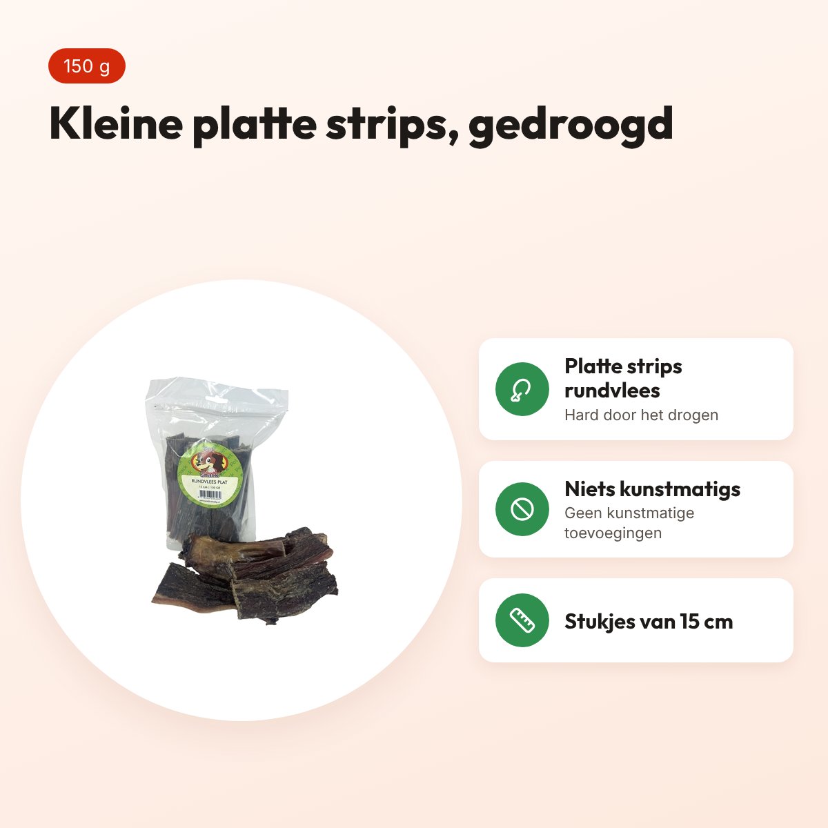 Petsnack rundvlees plat 15 cm 150 g – gedroogde strips hond – voordelen