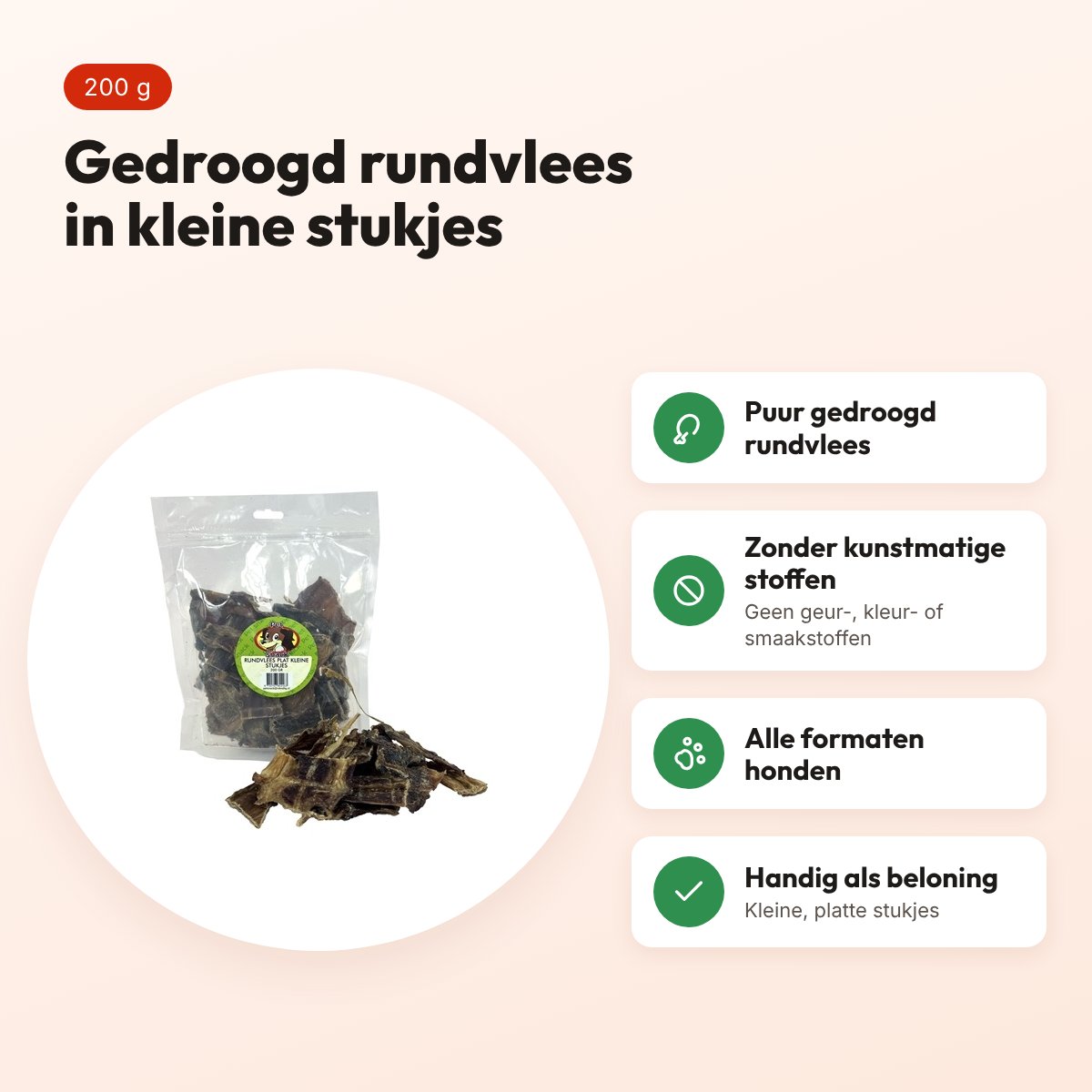 Petsnack rundvlees plat kleine stukjes 200 g – hondensnack – voordelen
