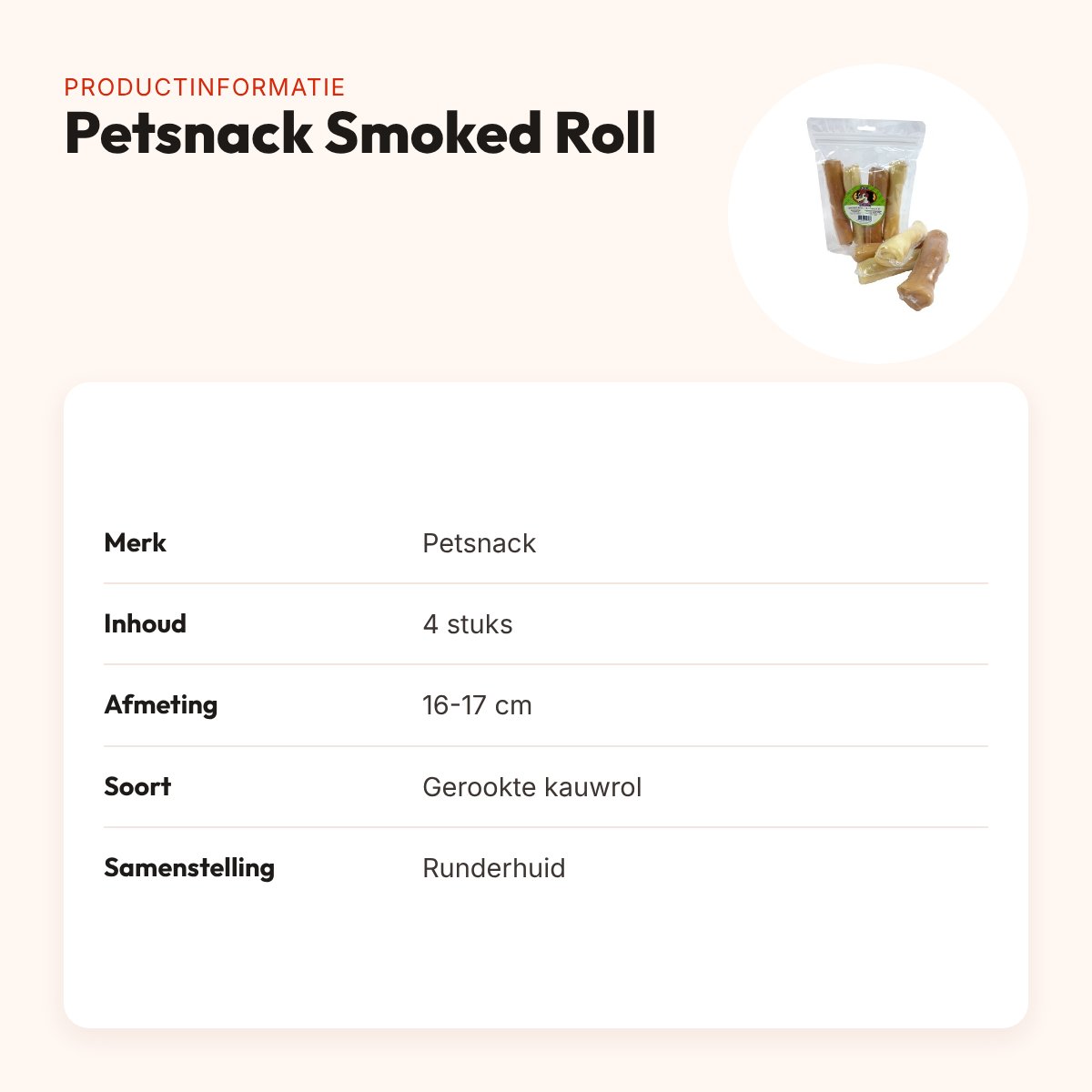 Petsnack Smoked Roll 16-17 cm – gerookte kauwrol van runderhuid, 4 stuks – productinformatie