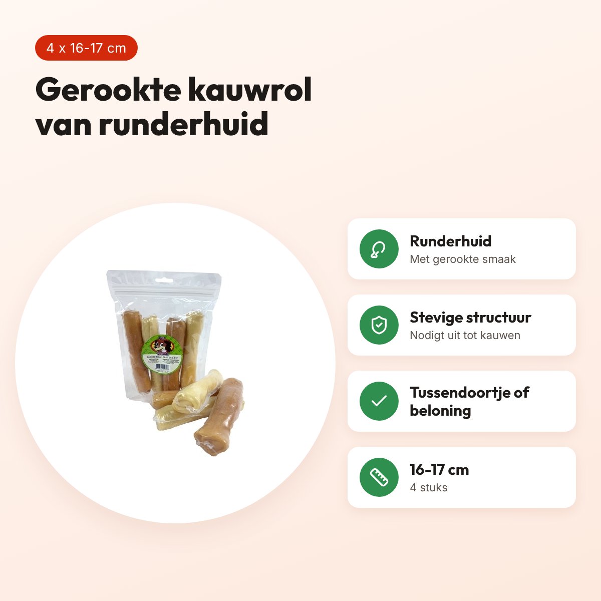 Petsnack Smoked Roll 16-17 cm – gerookte kauwrol van runderhuid, 4 stuks – voordelen