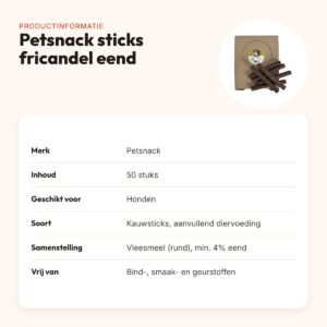 Petsnack sticks fricandel eend hondenkauwsnack 50 stuks – productinformatie