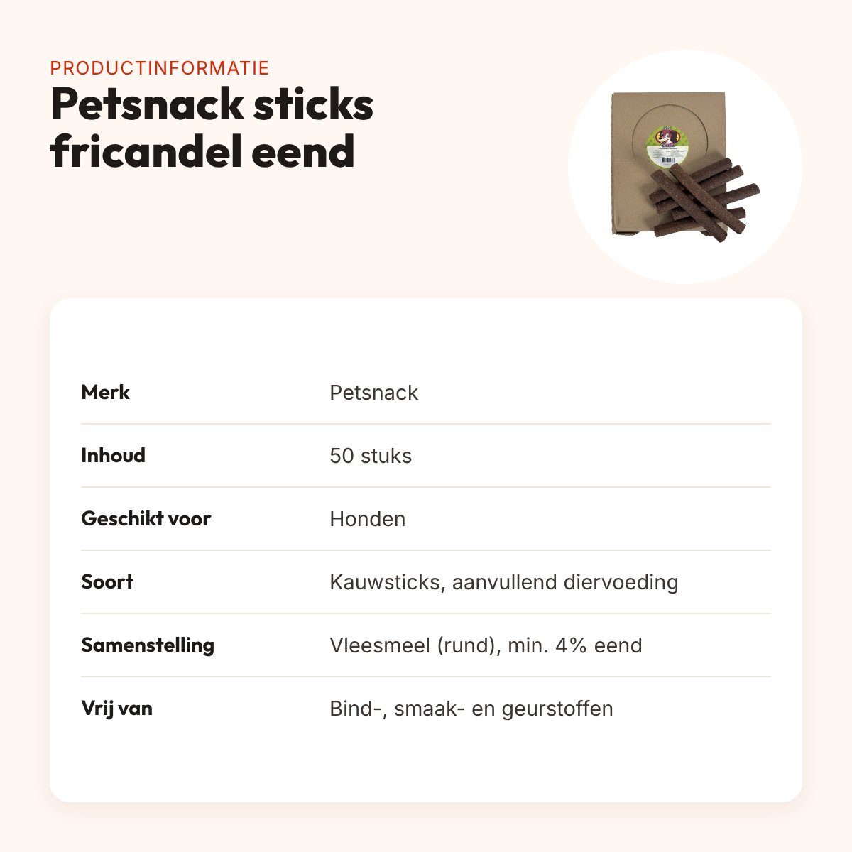 Petsnack sticks fricandel eend hondenkauwsnack 50 stuks – productinformatie