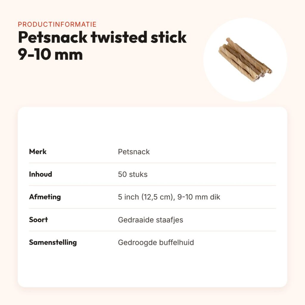 Petsnack twisted stick 5 inch (12,5 cm) 9-10 mm – buffelhuid, 50 stuks – productinformatie