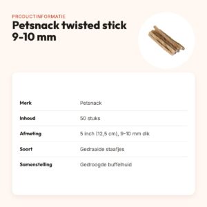 Petsnack twisted stick 5 inch (12,5 cm) 9-10 mm – buffelhuid, 50 stuks – productinformatie