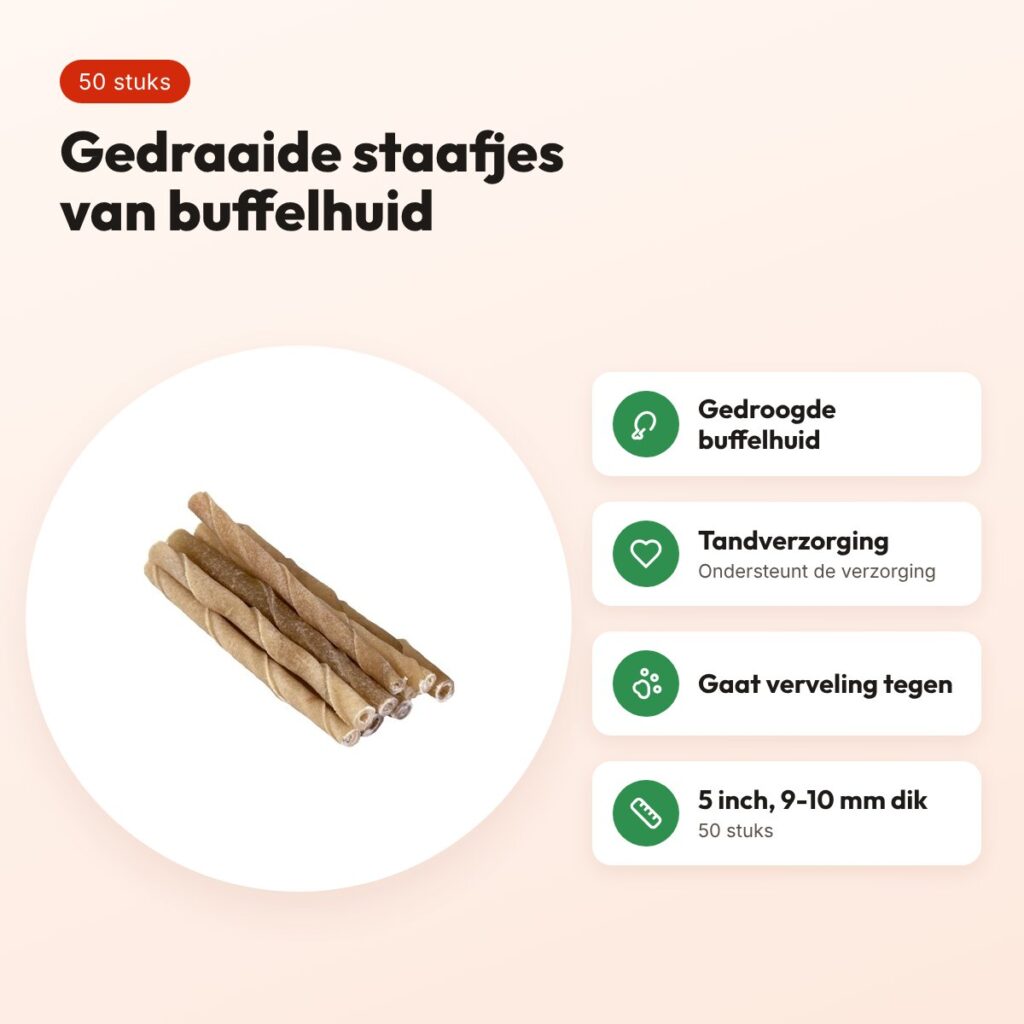 Petsnack twisted stick 5 inch (12,5 cm) 9-10 mm – buffelhuid, 50 stuks – voordelen