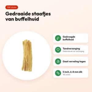 Petsnack twisted stick 5 inch 6-8 mm – buffelhuid, 100 stuks – voordelen