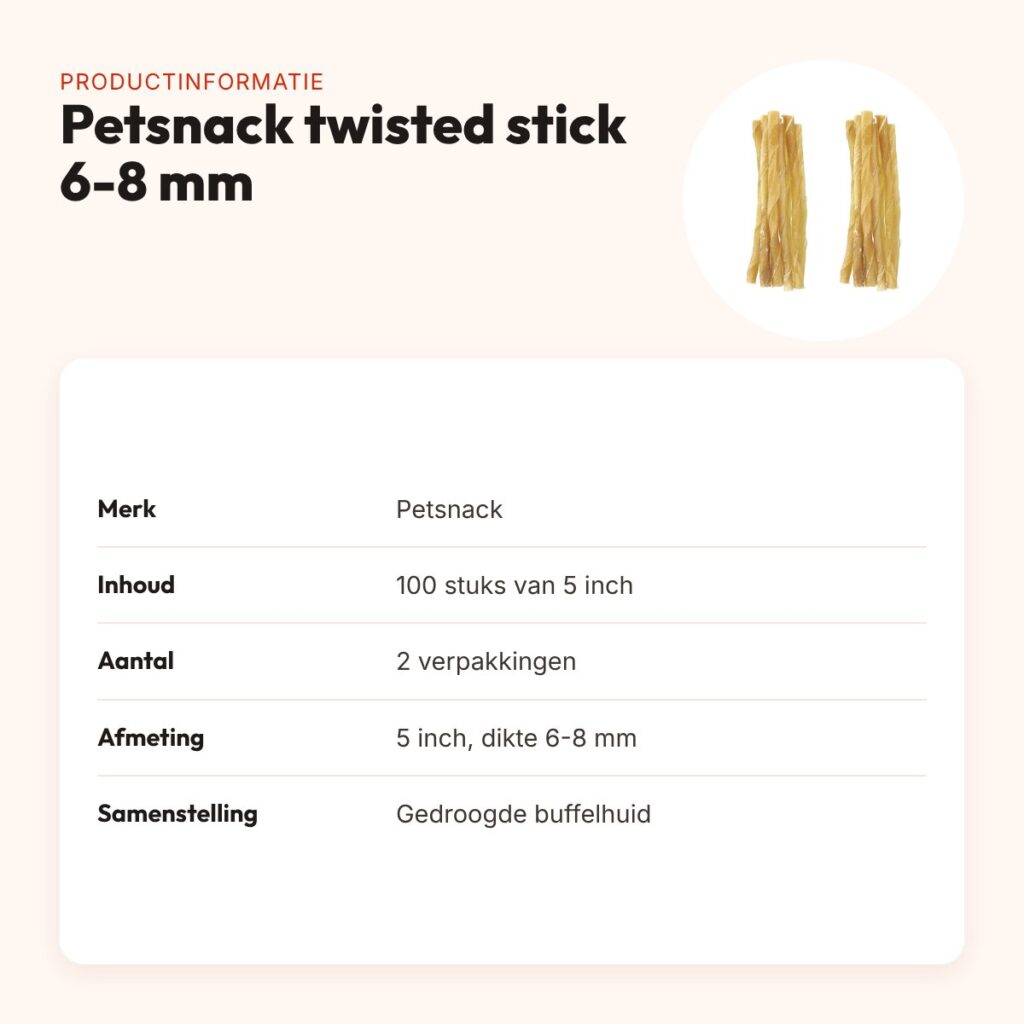 Petsnack twisted stick buffelhuid 5 inch 6-8 mm – multipack 2 x 100 stuks – productinformatie