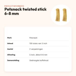 Petsnack twisted stick buffelhuid 5 inch 6-8 mm – multipack 2 x 100 stuks – productinformatie