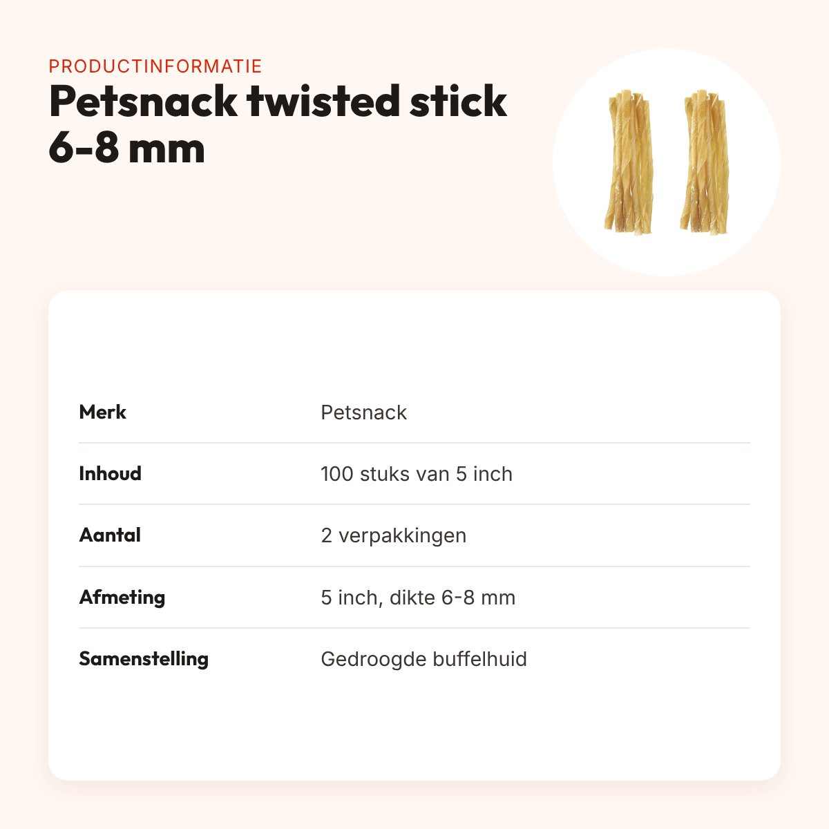 Petsnack twisted stick buffelhuid 5 inch 6-8 mm – multipack 2 x 100 stuks – productinformatie