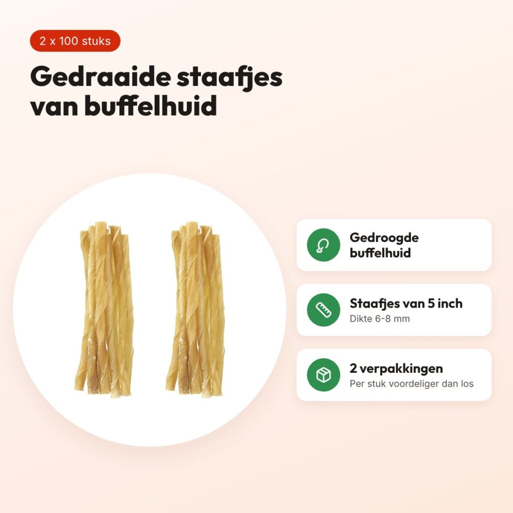 Petsnack twisted stick buffelhuid 5 inch 6-8 mm – multipack 2 x 100 stuks – voordelen