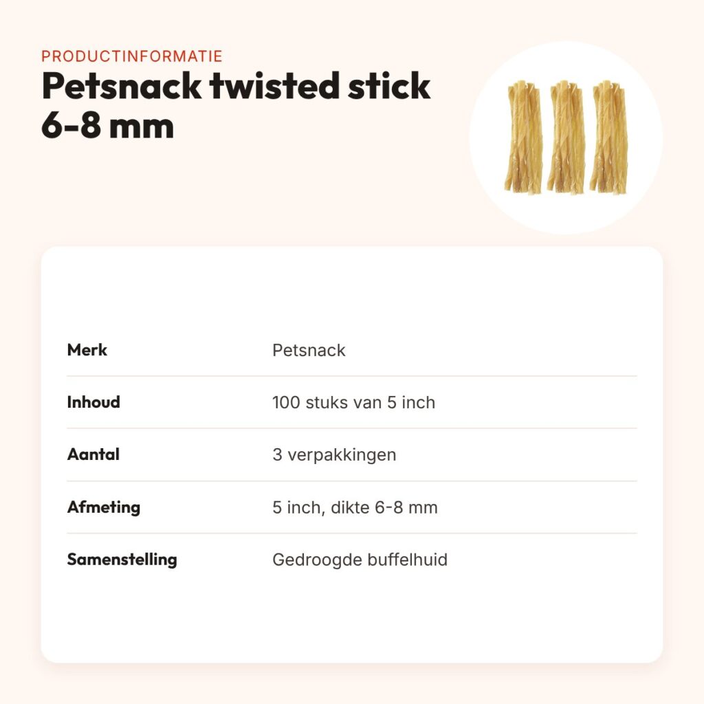 Petsnack twisted stick buffelhuid 5 inch 6-8 mm – multipack 3 x 100 stuks – productinformatie