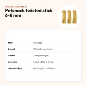 Petsnack twisted stick buffelhuid 5 inch 6-8 mm – multipack 3 x 100 stuks – productinformatie