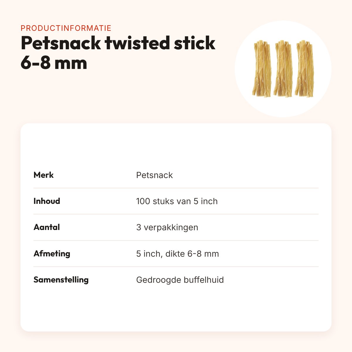 Petsnack twisted stick buffelhuid 5 inch 6-8 mm – multipack 3 x 100 stuks – productinformatie