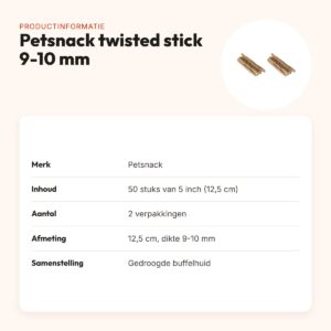Petsnack twisted stick buffelhuid 5 inch 9-10 mm – multipack 2 x 50 stuks – productinformatie