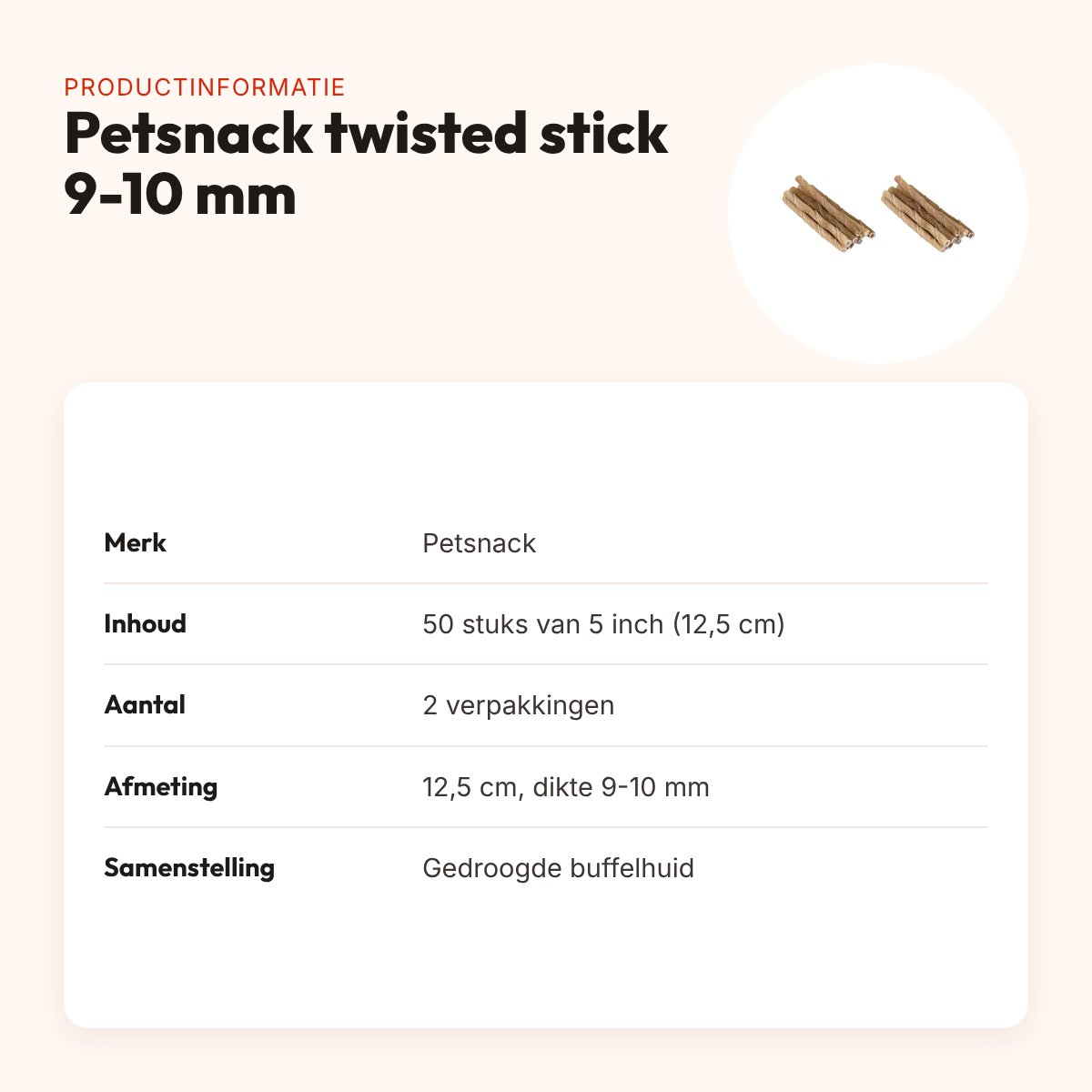 Petsnack twisted stick buffelhuid 5 inch 9-10 mm – multipack 2 x 50 stuks – productinformatie