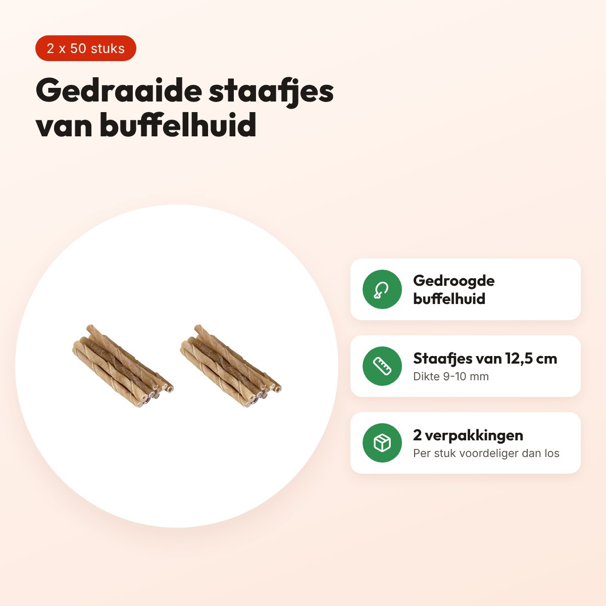 Petsnack twisted stick buffelhuid 5 inch 9-10 mm – multipack 2 x 50 stuks – voordelen