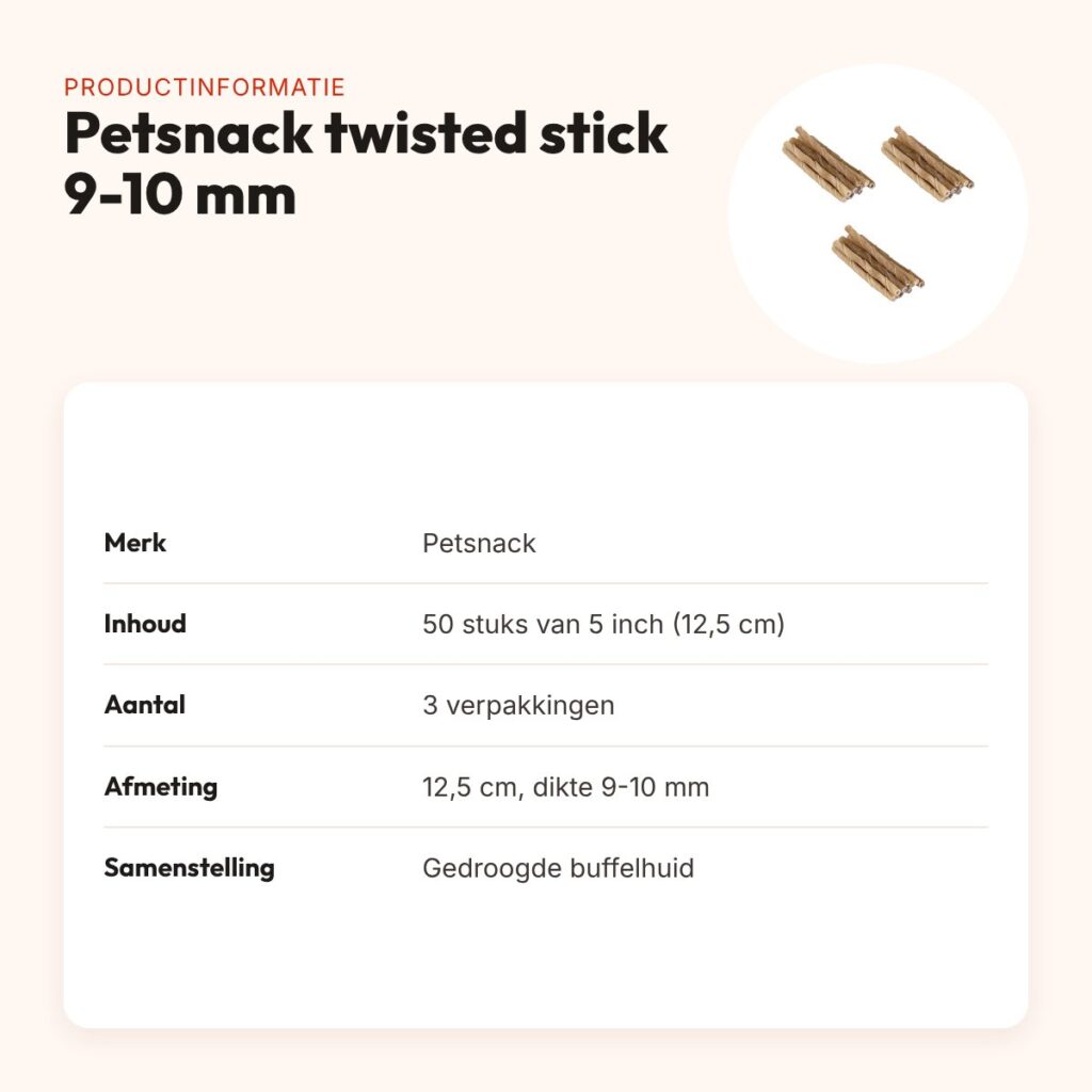 Petsnack twisted stick buffelhuid 5 inch 9-10 mm – multipack 3 x 50 stuks – productinformatie