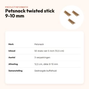 Petsnack twisted stick buffelhuid 5 inch 9-10 mm – multipack 3 x 50 stuks – productinformatie