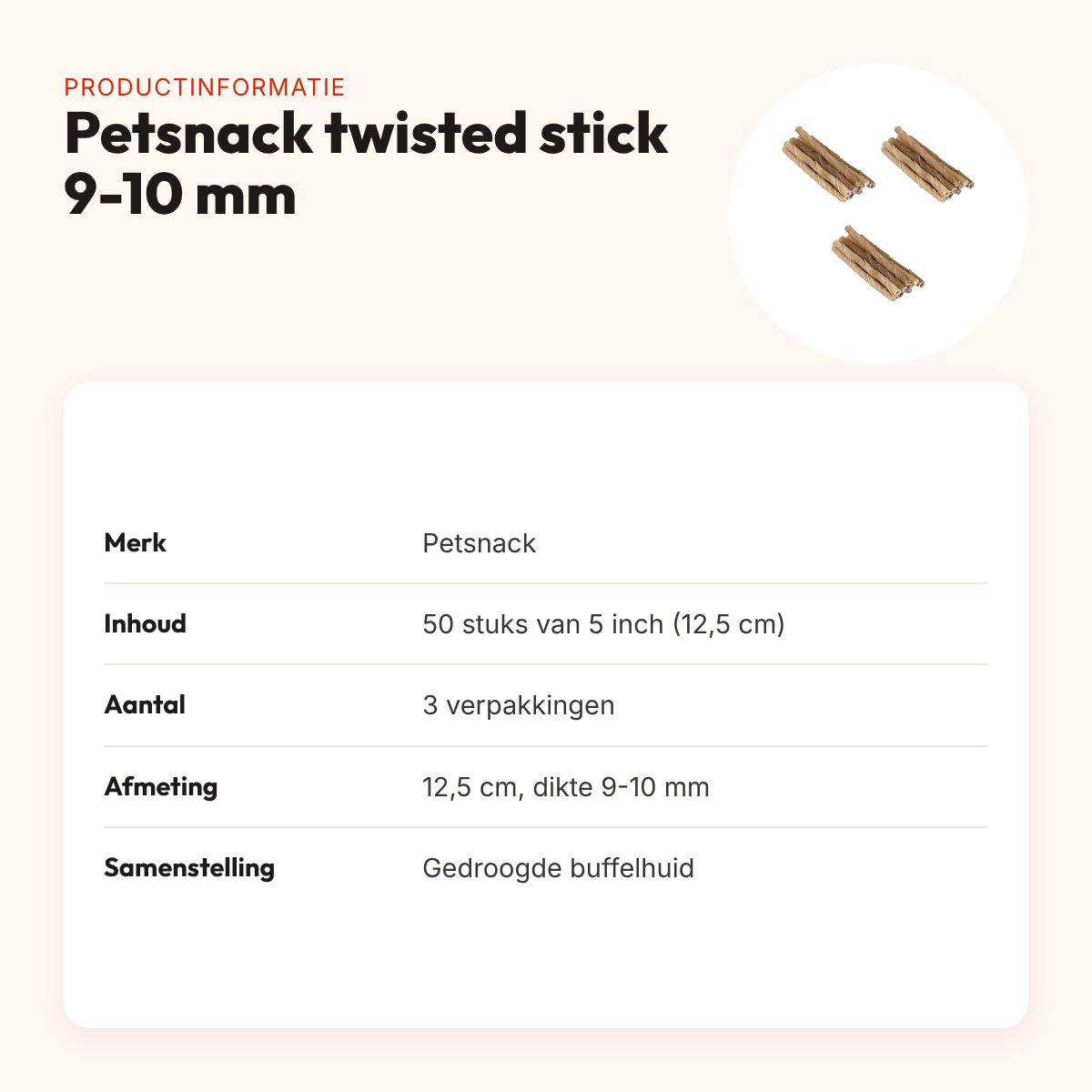 Petsnack twisted stick buffelhuid 5 inch 9-10 mm – multipack 3 x 50 stuks – productinformatie