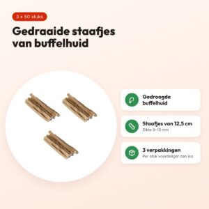 Petsnack twisted stick buffelhuid 5 inch 9-10 mm – multipack 3 x 50 stuks – voordelen