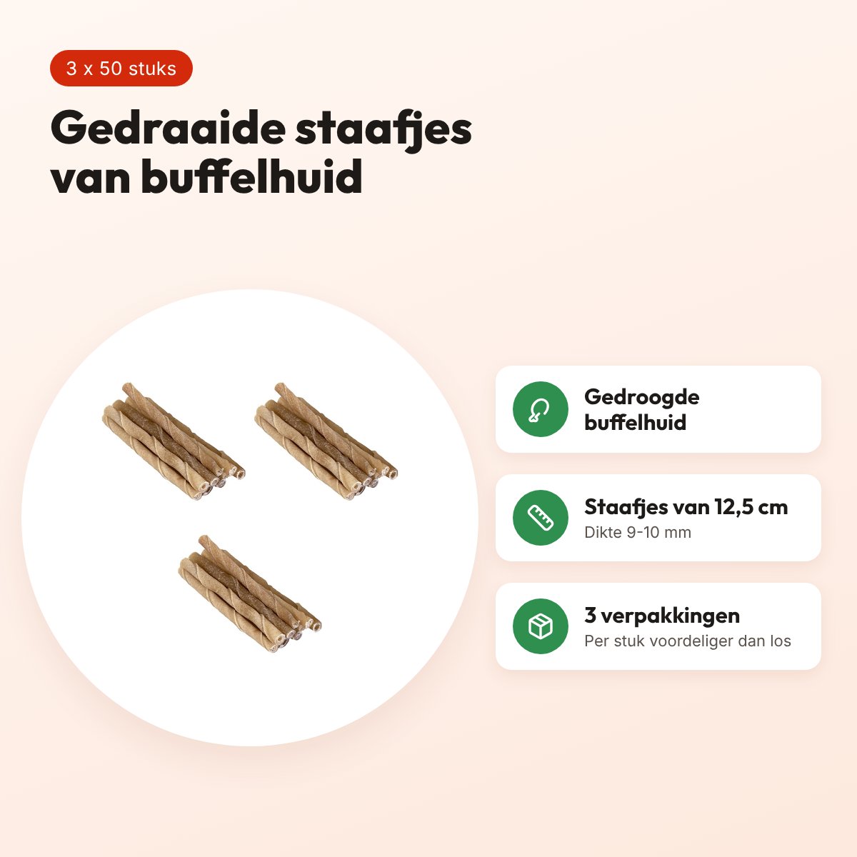Petsnack twisted stick buffelhuid 5 inch 9-10 mm – multipack 3 x 50 stuks – voordelen