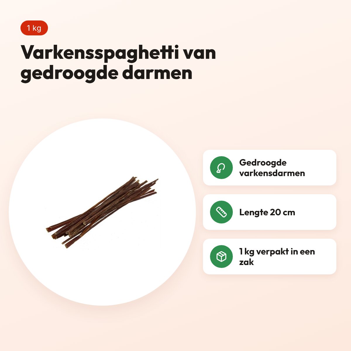 Petsnack varkensspaghetti 20 cm 1 kg – gedroogde darmen – voordelen
