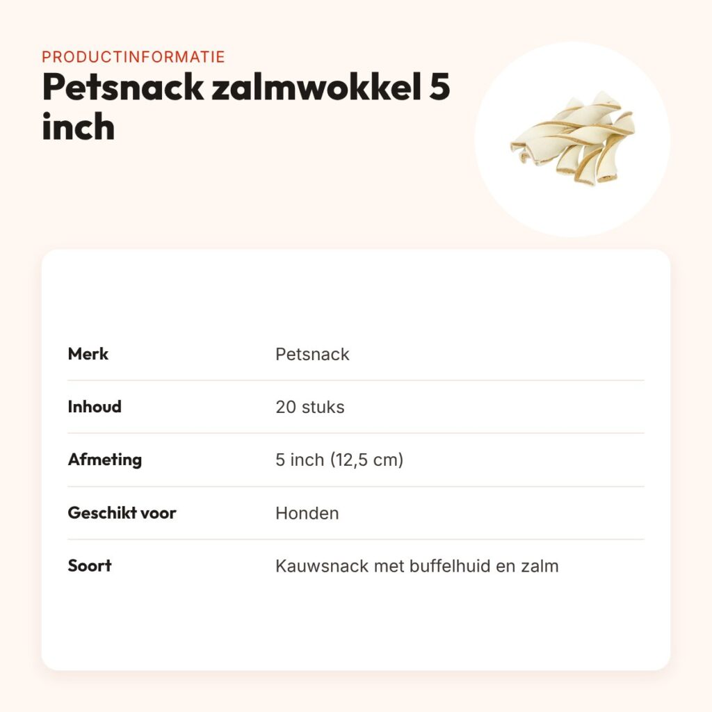 Petsnack zalmwokkel 5 inch (12,5 cm) – buffelhuid met zalm, 20 stuks – productinformatie
