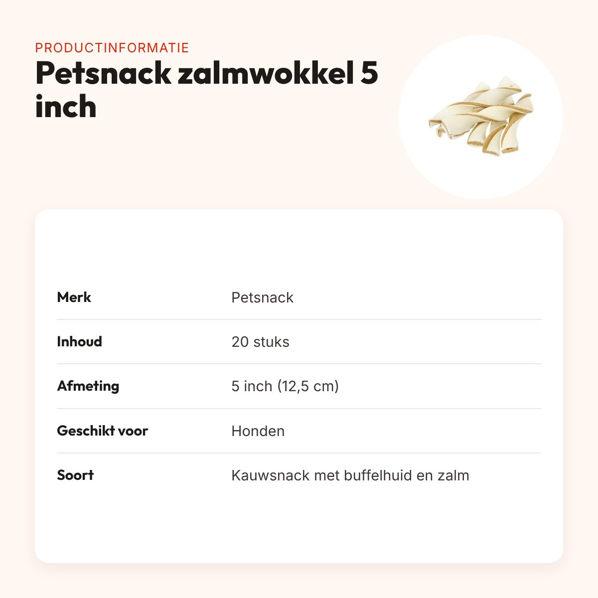 Petsnack zalmwokkel 5 inch (12,5 cm) – buffelhuid met zalm, 20 stuks – productinformatie