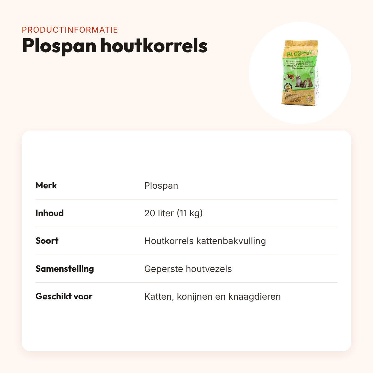 Plospan houtkorrels kattenbakvulling 20 liter (11 kg) – productinformatie