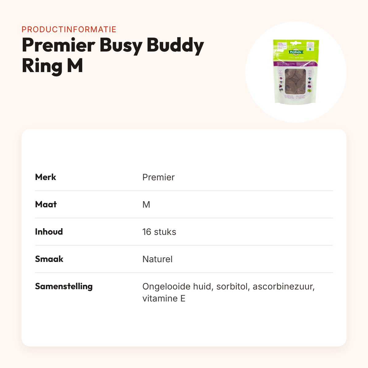 Premier Busy Buddy Ring naturel M – navulling, 16 stuks – productinformatie