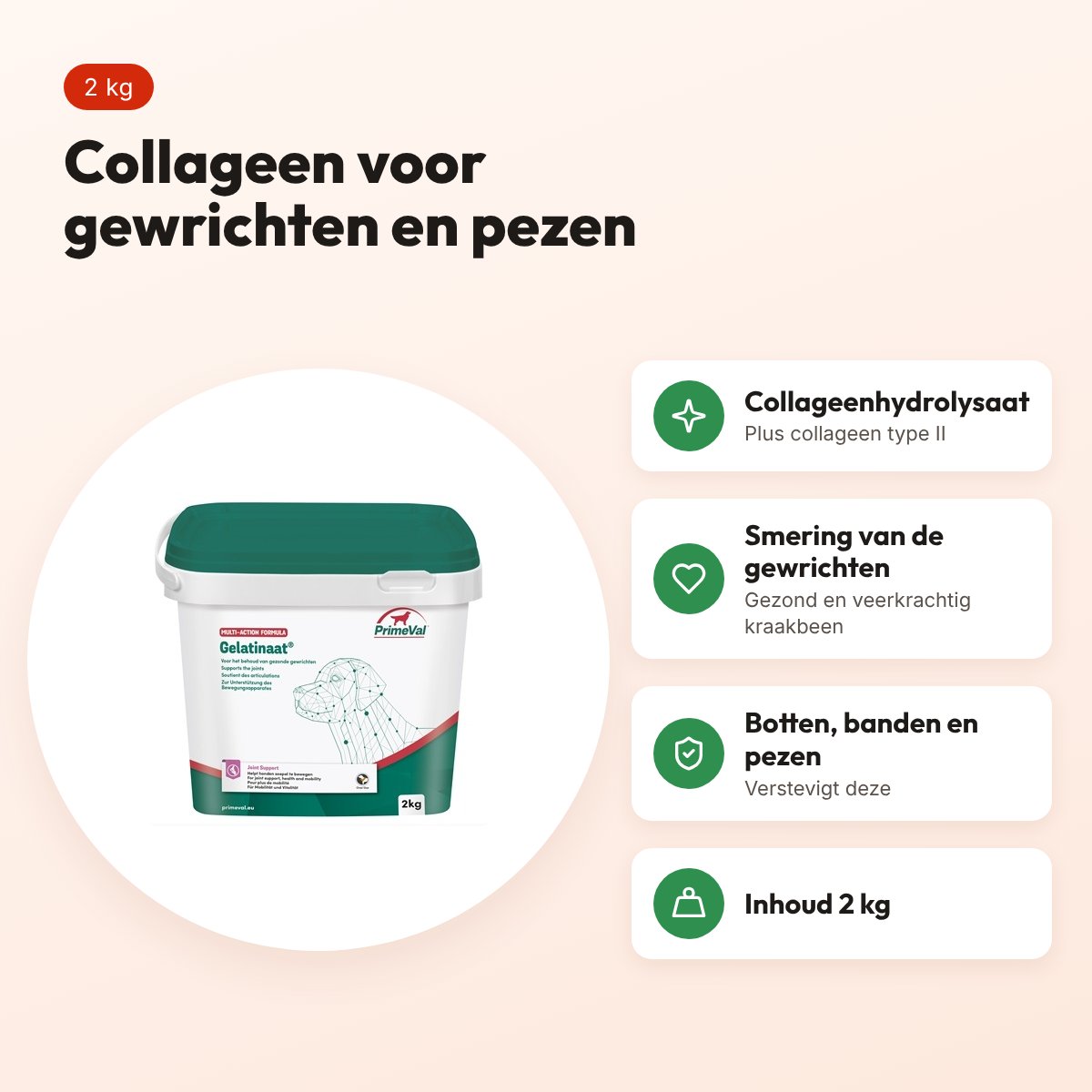 PrimeVal gelatinaat hond 2 kg – collageenhydrolysaat en collageen type II – voordelen