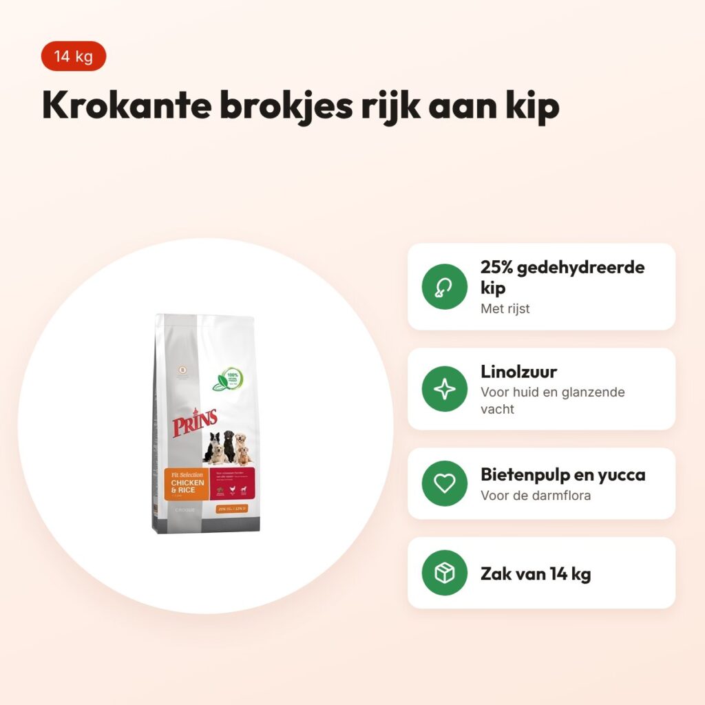 Prins hondenvoer Fit Selection kip en rijst 14 kg – krokante brokjes – voordelen