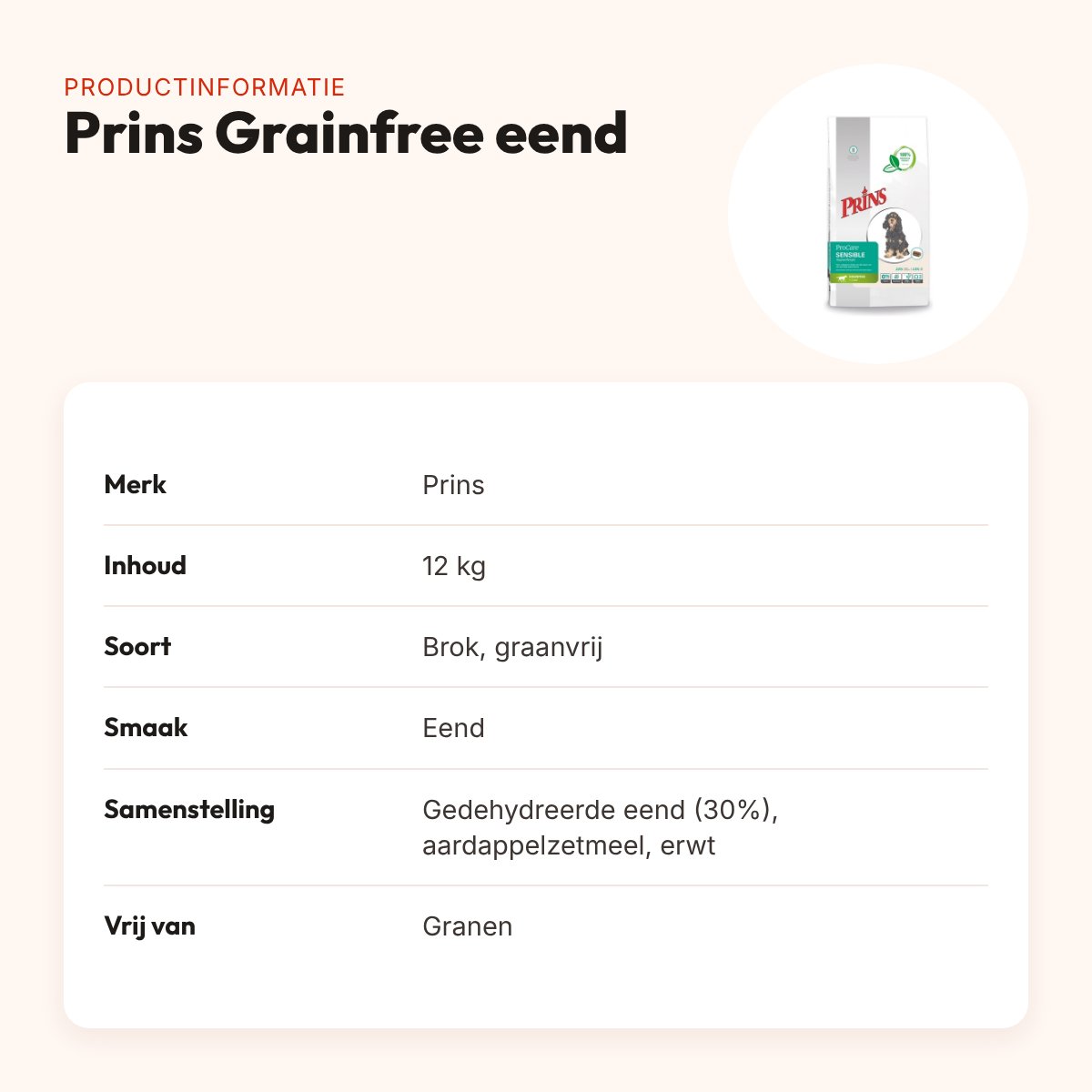 Prins hondenvoer Grainfree eend 12 kg – graanvrij, hypoallergeen – productinformatie