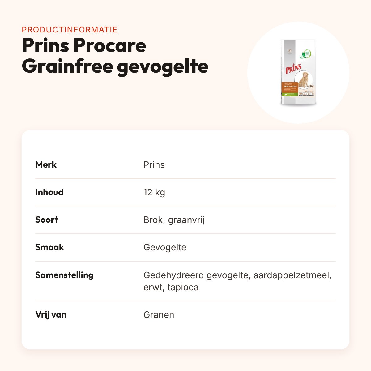 Prins hondenvoer Procare Grainfree gevogelte 12 kg – huid en vacht – productinformatie