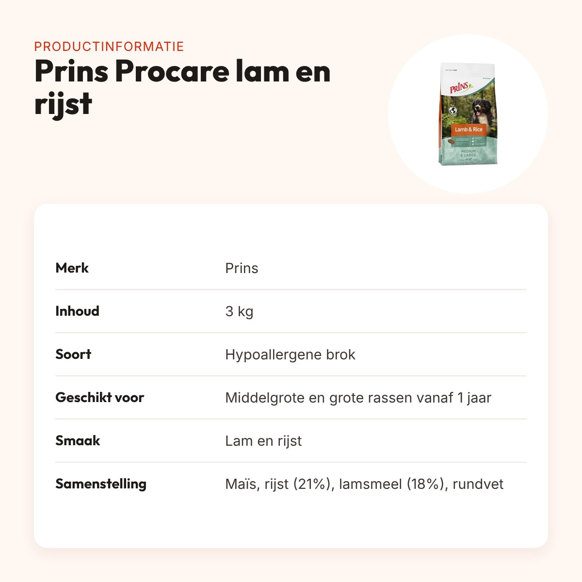Prins hondenvoer Procare lam en rijst 3 kg – hypoallergeen – productinformatie