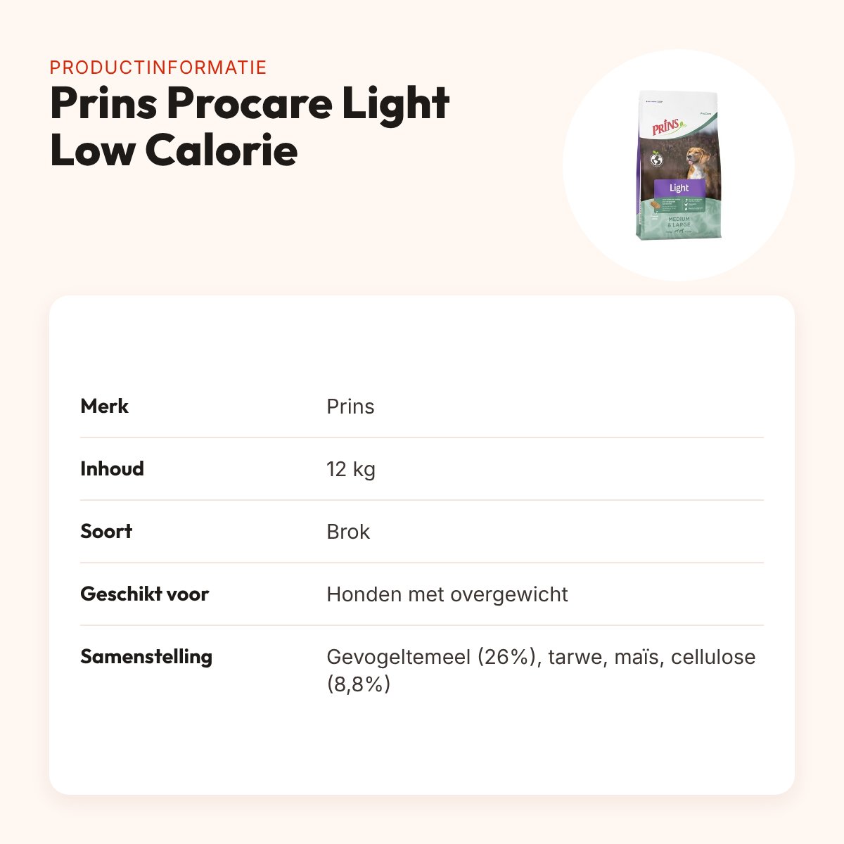 Prins hondenvoer Procare Light Low Calorie 12 kg – bij overgewicht – productinformatie