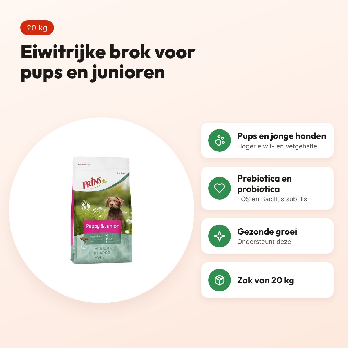 Prins hondenvoer Procare Puppy/Junior 20 kg – eiwitrijk – voordelen