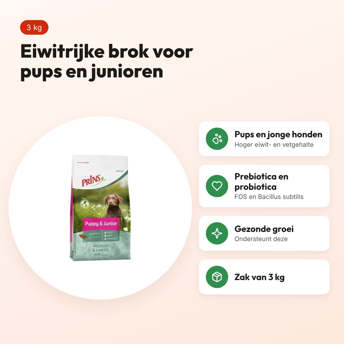 Prins hondenvoer Procare Puppy/Junior 3 kg – met prebiotica – voordelen