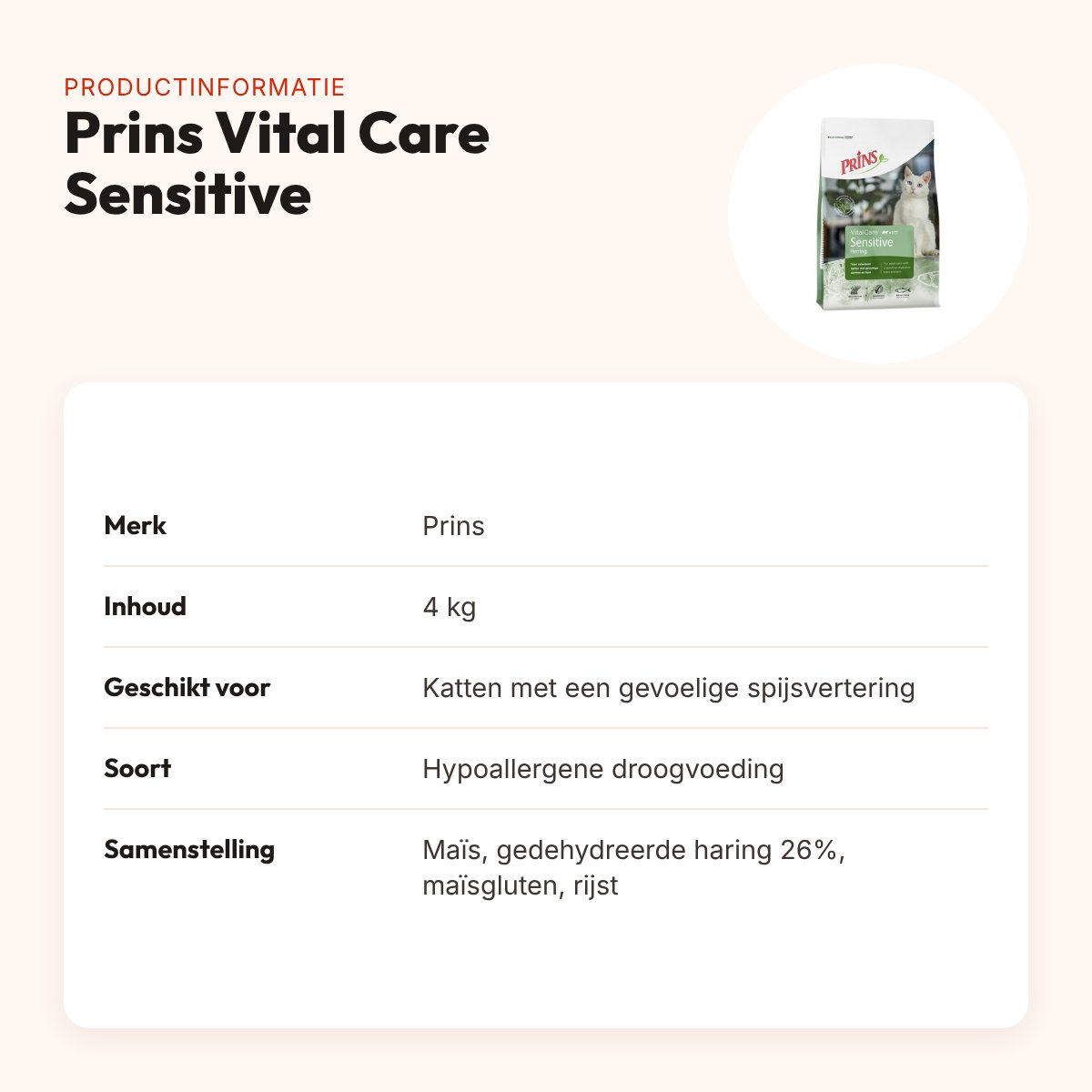 Prins kattenvoer Vital Care Adult Sensitive Hypoallergeen 4 kg – productinformatie