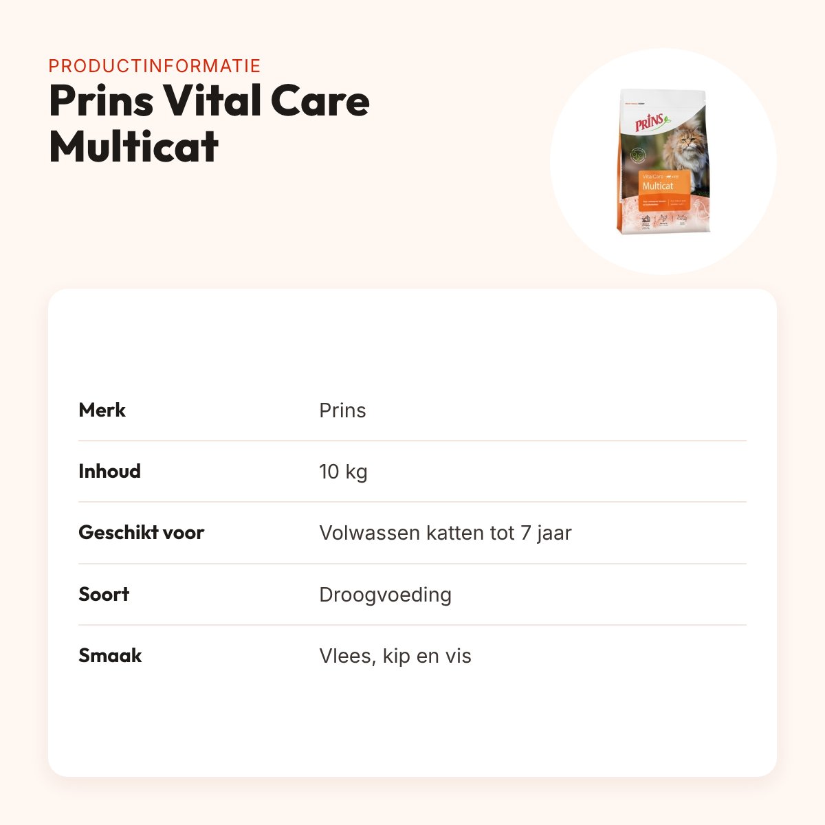 Prins kattenvoer Vital Care Multicat 10 kg – vlees, kip en vis – productinformatie
