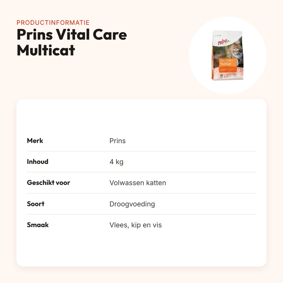 Prins kattenvoer Vital Care Multicat 4 kg – vlees, kip en vis – productinformatie