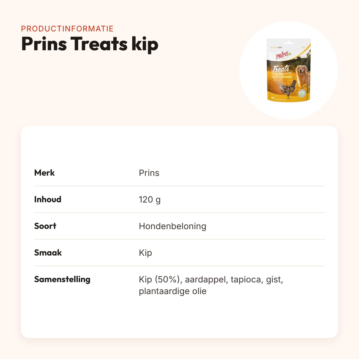 Prins Treats kip 120 g – natuurlijke beloningssnack – productinformatie