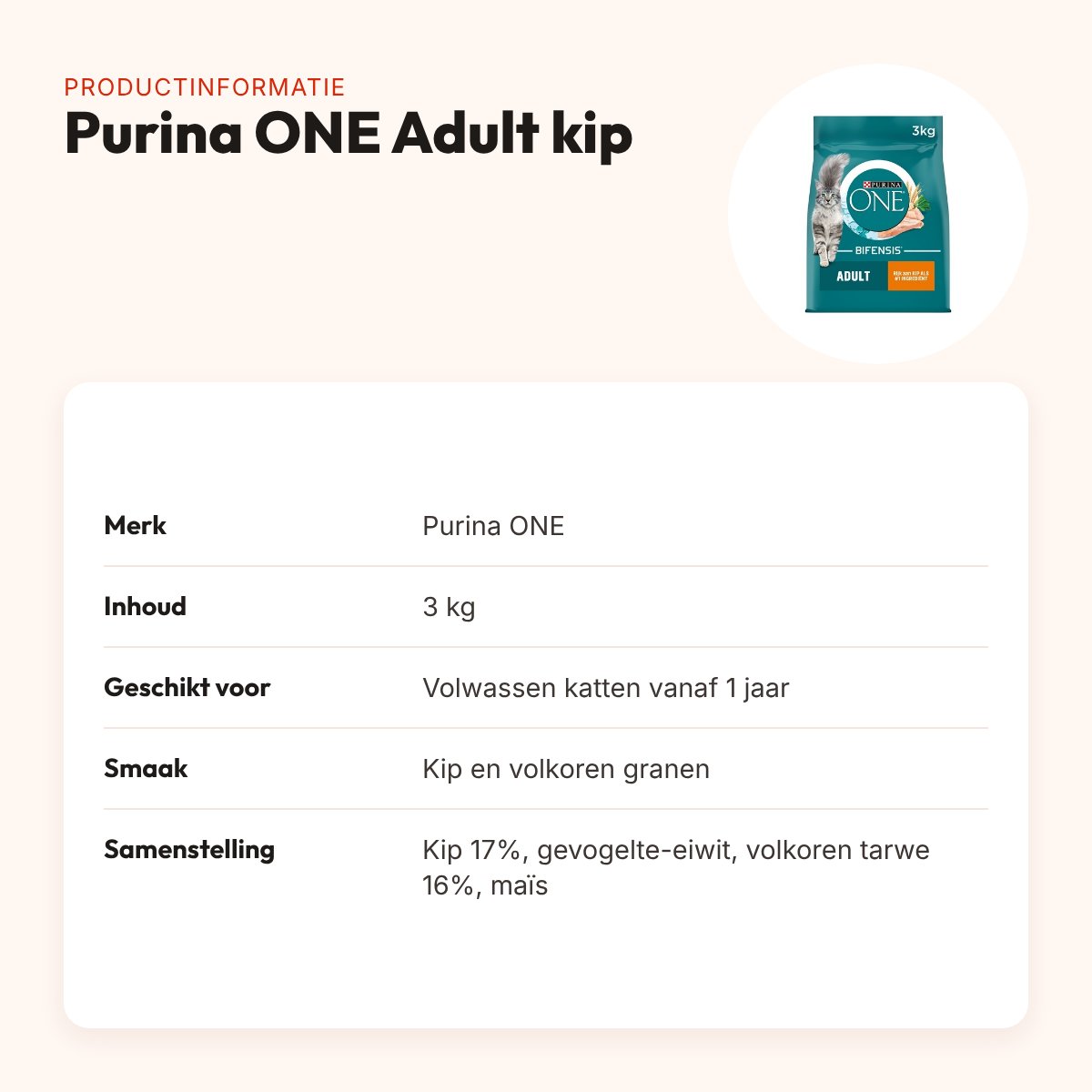 Purina ONE kattenvoer Adult Kip/Volkoren Granen 3 kg – productinformatie