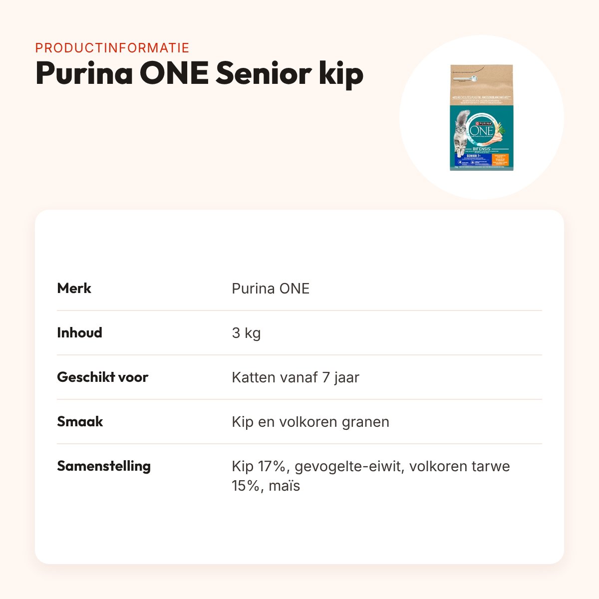 Purina ONE kattenvoer Senior Kip/Volkoren Granen 3 kg – productinformatie