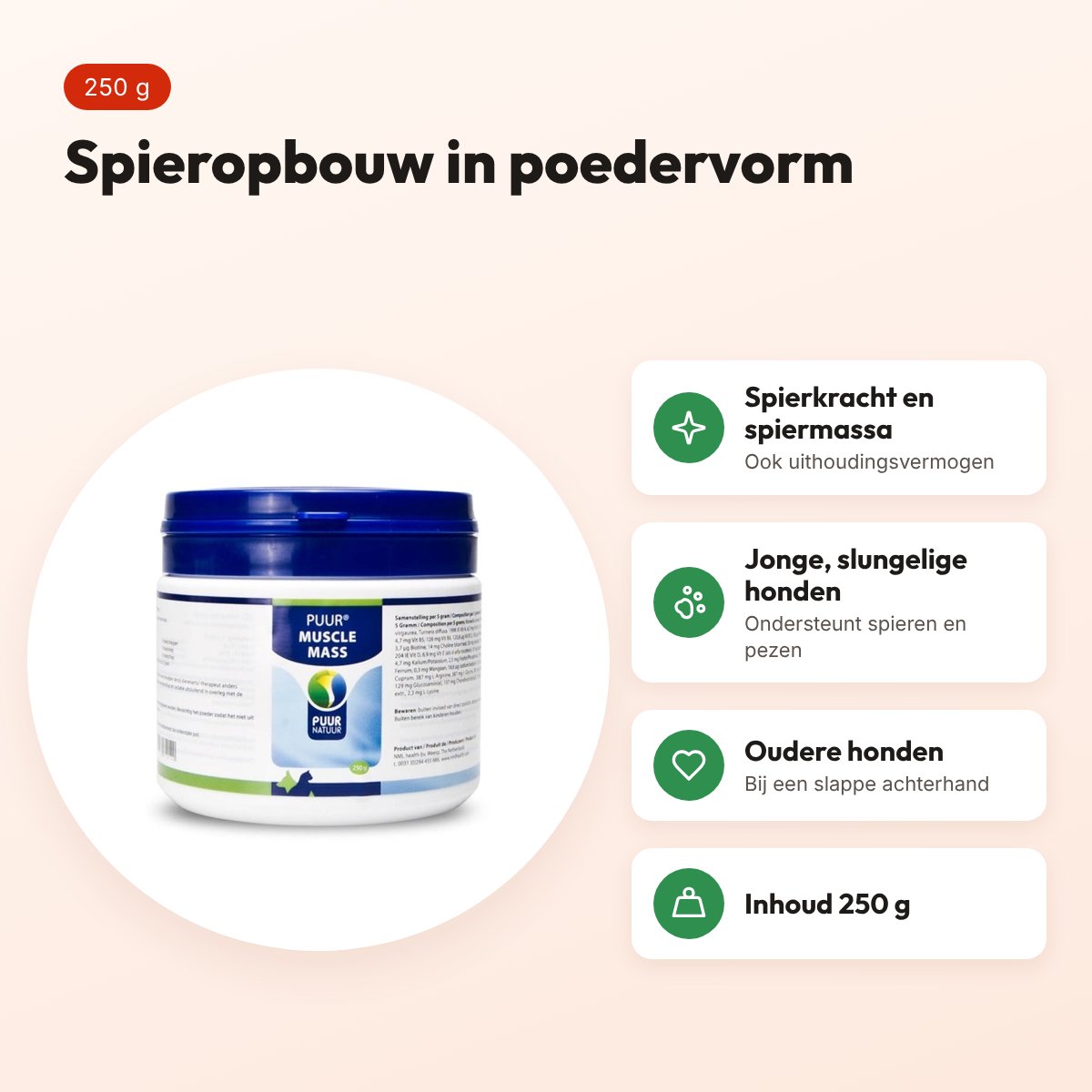 Puur Natuur Muscle Mass spieropbouw 250 g – hond en kat – voordelen