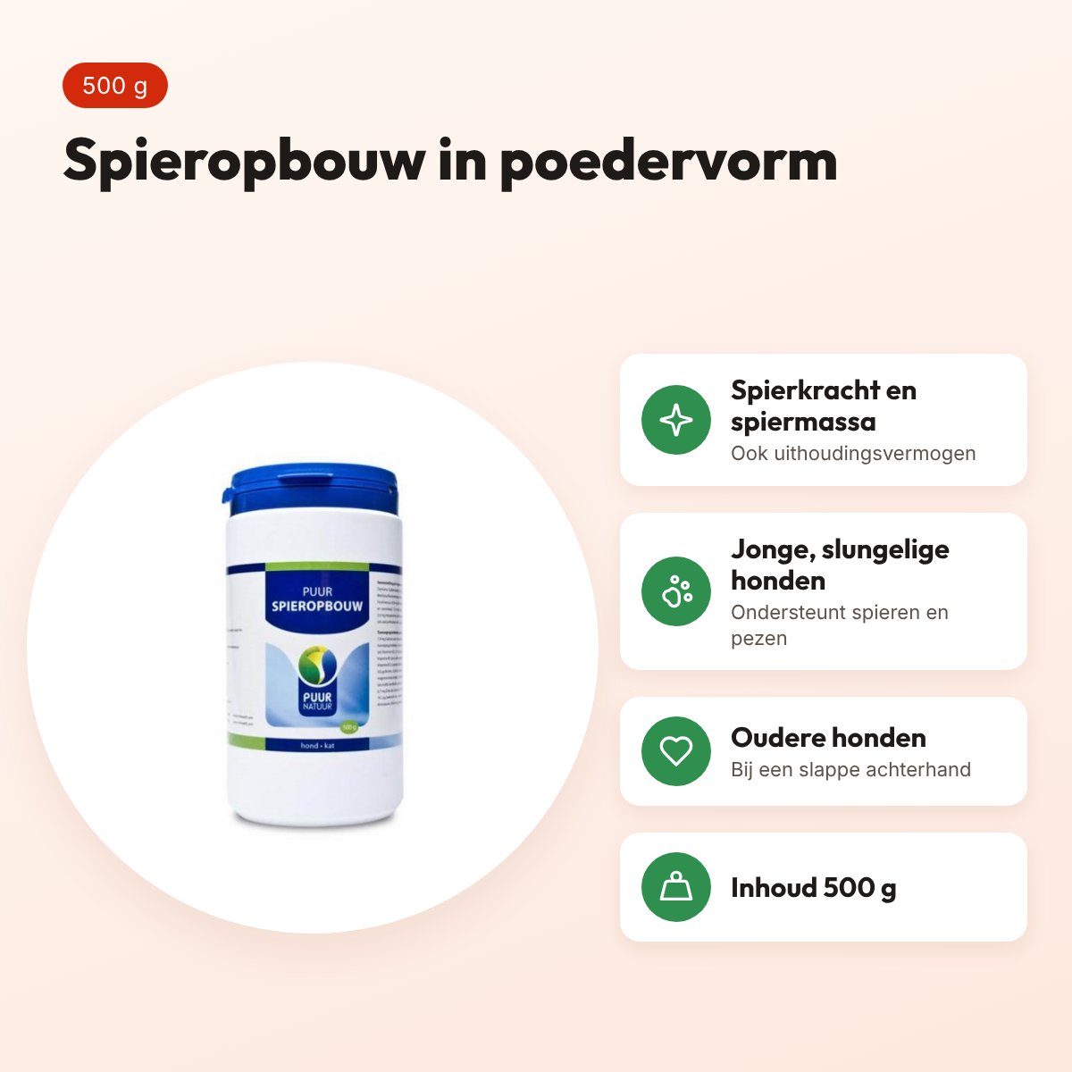 Puur Natuur Muscle Mass spieropbouw 500 g – hond en kat – voordelen