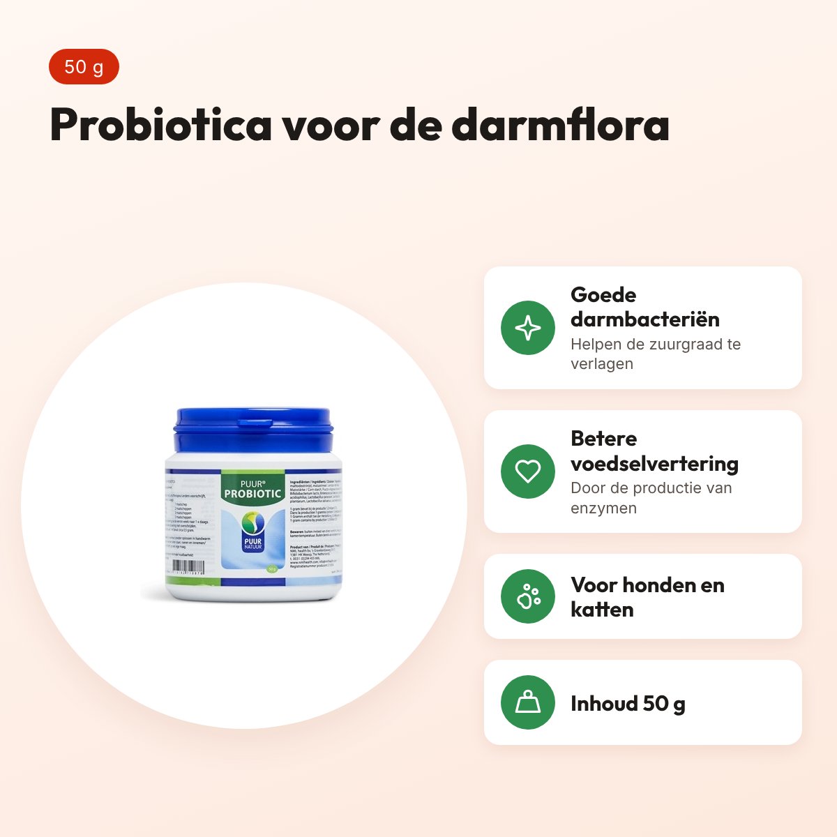 Puur Natuur Puur Probiotic hond en kat 50 g – darmflora – voordelen